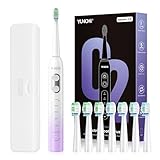 YUNCHI C2 Elektrische Zahnbürste für Erwachsene und Kinder, USB-C Wiederaufladbare Schallzahnbürste mit 5 Modi und 2 Minuten Smart Timer, Weiche Borsten, 8 Bürstenköpfe und Reiseetui, Lila und Weiß