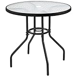Yaheetech Ø70 cm Gartentisch Bistrotischrund Glastisch, Pflegeleichter Balkontisch mit Schirmloch & Glasplatte Terrassentisch Kaffeetisch Terrassentisch aus Metall für Garten/Balkon/Terrasse, Schwarz