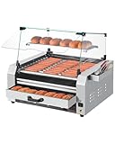 VEVOR Hot Dog Maschine 11 Rollen Edelstahl, 2400 W, Elektrogrill mit Brötchenwärmer & Abdeckung (Glas + PC) & 3 Temperaturregler & seitlicher Aufbewahrungsbox & Ölauffangschale