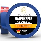 MEISTERWERK Malerkrepp für Malerarbeiten - (OHNE RÜCKSTÄNDE) - 110 Meter Kreppband (48mm Breite) - Rutschfestes Abklebeband für sauberes Renovieren, Streichen & Lackieren