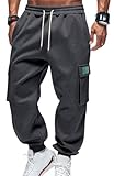 OLIPHEE Herren Hose Cargo Stretch mit Taschen Fleece Hose Herren Winter Outdoor Freizeithose Warm mit Gummizug Bund Sweathose Jogginghose Sporthose Trainingshose Dunkelgrau L