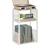 VASAGLE Plattenspielerständer, 3-stöckiger Beistelltisch, Schallplattenaufbewahrung für bis zu 100 Alben, Beistelltisch für Wohnzimmer, Schlafzimmer, rustikales Weiß ULET275W01