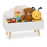 Relaxdays Kindertruhe, Wolken-Design, HxBxT: 45x58x28 cm, MDF, für Bücher & Spielzeug, offene Spielzeugtruhe, weiß/Natur