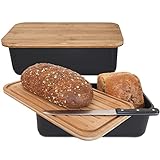 Gadgy Brotkasten Bambus - Brotdose mit Schneidebrett und Deckel - Brotkasten Schwarz - Luftdicht, Frischhalten - Mit Anti-Rutsch-Füßen