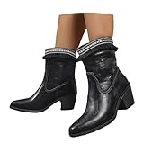 MEECHI Retro Stiefeletten Mit Fransen Damen Western Cowboy Stiefel Breiter Röhre Ankle Boots Mit Blockabsatz 43 Große Größe Booties Slip-on Knöchel Schuhe Für Country, Rodeos(Black,43 EU)