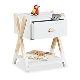 Relaxdays Nachttisch Kinder, Schublade, HBT 42x34x32 cm, Kinderzimmer, Kinderkommode X-Design, Holz & MDF, weiß/Natur