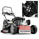 ONBEST Benzin Rasenmäher 5IN1 - Starke 6,5 PS, 4 Klingenschneidsystem & Sograd – 4 Takt Motor – 196 cm³ Hubraum – E-Start – 53 cm Schnittbreite – 60L Fangkorb – Radantrieb – Seitenauswurf