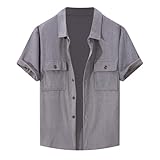 DUHENWU Cordhemd Herren Slim Fit Sommerhemd Retro Revers Arbeitshemd Button Down Kurzarm T-Shirts Mit Brusttasche Bequeme Strandhemden Overshirt Einfarbig Hemden Sommer Outdoor Fischerhemd