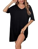 Irdcomps Nachthemd Damen Schlafshirt Sleepshirt Kurzarm Baumwolle Kurz Sexy Schlafkleid Schlafhemd Große Größen Sommer Nachtwäsche Schwarz M