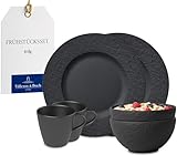 Villeroy & Boch – Manufacture Frühstücks-Set 6 teilig Schwarz, Spülmaschinenfest, Mikrowellensicher, Geschirrset, Geschirr Set mit Frühstückstellern, Tassen und Schüsseln, Premium Porzellan