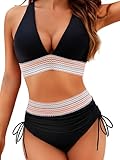 HAWILAND Bikini Damen Set Push Up Bademode Farbblock High Waist Badeanzug mit Kordelzug Elegant Beachwear Zweiteiliger Swimsuit Schwarz S