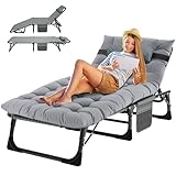 MOPHOTO Sonnenliege, Faltbare Sonnenliege für den Garten mit Matratze, verstellbare Rücken- und Beinauflagen, tragbar, für drinnen und draußen, zusammenklappbar(Grünes Kinderbett, Graue Matte)