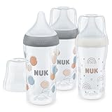 NUK Perfect Match Babyflaschenset | Ab 3 Monate | Passt sich dem Baby an | Temperature Control | Anti-Colic | 260 ml | BPA-frei | Silikontrinksauger, Medium | Regenbogen und Zweig | 3 Stück