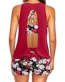 Aqua Eve 3-teiliger Tankini-Badeanzug für Damen, Tank-Badeanzug mit Shorts, offener Rücken, sportliche Bademode, Rote Blumen, Medium