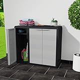 Homgoday Gartenschrank mit 2 Regalen Aufbewahrungsschrank Außenschrank Mehrzweckschrank Gartenschrank Geräteschuppen Werkzeugschrank Spindschrank Balkonschrank Schwarz und Grau