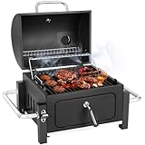 Holzkohlegrill Portable, Tischgrill Campinggrill mit Deckel & Smoker, Tragbarer BBQ Grill für Camping Garten Picknick Party Barbecue