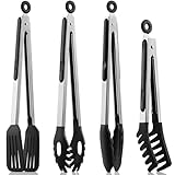4 Stück Küchenzange, 22,9cm und 30,5cm Kochzange 315℃ Hitzebeständige Grillzange Spaghettizange Nudelzange Edelstahl und Silikon Zange Küche, für Kochen, Grillen, Spaghetti, Salat (4 Stück)