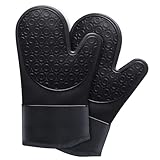 Ofenhandschuhe Topfhandschuhe Silikon - Anti-Rutsch Hitzebeständige Silikon und Flexibilität Baumwolle, 1 Paar 30cm Extra Lange Backhandschuhe Kochhandschuhe für Kochen Backen Grillen (Schwarz)