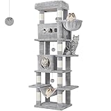Hzuaneri Kratzbaum groß, 170 cm hoch, Katzenbaum, mit 8 Kratzbäume, 2 Höhlen, groß Plattformen, Waschbare Matte, Hängematte, Plüschbälle, mehrstöckiger katzenkratzbaum, Hellgrau MS17018LG