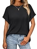Cuptacc Tshirt Damen Kappelärmel Rundhals T-Shirt Casual Kurzarm Oversize Shirt Damen Einfarbiges Oberteil Lässig Groß L 42-44 Schwarz