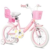 Glerc Maggie 16 Zoll Kinderfahrrad Alter 4 5 6 7 Jahre alt Mädchen Fahrrad Prinzessin Stil mit Puppen-Sitz & Korb & Stützräder & Glocke für Geburtstag, Rosa bis Weiß