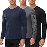 Langarmshirt Für Herren 100% Baumwolle 3 Pack T Shirt Rundhalsausschnitt Basic Maschenware Cotton Langarm Shirt Longsleeve Männer Schwarz Grau Blau 3XL