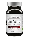 Dr. Heilbronner Bio Maca-rot-Kapseln Frauenpower Superfood 120 Kapseln vegan in der Glasflasche I peruanische Maca-Wurzel-Pulver kann Stressabbau Vitalität Serotonin und Wohlbefinden fördern