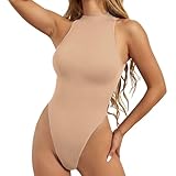 Damen Sexy Basic Ärmellos Rundhals Bodycon 1 Body Shape Suit Connected Body, beige, 38