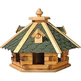 dobar® 98720e Vogelfutterhaus Bitumenschindeldach 6-eckig - Vogelhaus aus Massivholz - Vogelfutterstation mit Futtersilo - 6-eckige Vogelvilla - 51 x 45 x 37 cm - Grün