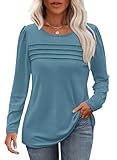 Cuptacc Langarmshirt Damen Weiss Longshirt Damen Langarm Rundhals Puffärmel Mit Knöpfen Locker Oberteile Tshirt Türkis Groß L 42-44