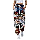 Nidddiv Charistmas Damen-Hose, lässig, Weihnachtsmotiv, bedruckt, elastischer Kordelzug, hohe Taille, Schneemänner, bedruckt, superweich, Winterhose, leger, sportlich, warm, weich, lange Hose, blau,