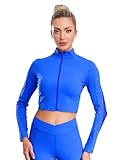 Agoky Damen Langarmshirts Stehkragen Zipper Vorne Stehkragen Yoga Shirts Mesh Spleiß Laufjacke Trainingsjacke Athletic Crop Top gr. S-XXL Königsblau XL