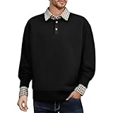 DENGJIAMY Herren-Sweatshirt, Patchwork-Sweatshirt, klassisches Outdoor-T-Shirt, lässig, Spleißen, Herbst-Top, trendige Hemden, langärmelig, karierter Kragen, Pullover für Herren, Schwarz , M