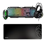 KROM KARRIER - Gaming Pack - RGB Rainbow LED Membrantastatur, 19 Anti-Ghosting-Tasten, Optische Maus 3600 dpi, Stereo-Kopfhörer 50mm, XXL Anti-Rutsch-Gummimauspad, Layout, schwarz