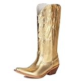 Diuniarza Bestickt Westernstiefel Damen Halbschaft Sparky Komfort Weit Calf Winter Leisure Pointed Toe Mode Gold Gr 40.5 EU/42 Asiatisch