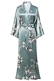 BABEYOND Damen Morgenmantel Maxi Lang Seide Satin Kimono Kleid Pfau Muster Kimono Bademantel Damen Lange Robe Schlafmantel Girl Pajama Party 135cm Lang