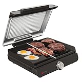 Ninja Sizzle Elektrogrill Indoor & Plancha (Flat Grill Plate) mit Antihaft-Grillplatte, abnehmbarer & spülmaschinenfester Deckel, Fettauffangbehälter, Temperaturregler & Rezeptbuch, Grau GR101EU