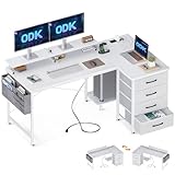 ODK Eckschreibtisch mit 4 Stoff Schubladen, 140x80cm Schreibtisch L Form Reversibler mit USB-Ladeanschluss und Steckdose, L förmiger Schreibtisch mit Monitorablage für Homeoffice, Weiß