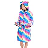 Piefry Katzen Bademantel für Mädchen Weiches Fleece Morgenmäntel mit Kapuze und Katzenohren (Regenbogen, 12-13 Jahre)