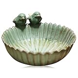 Vogeltränke Winterfest, Vogeltränke Keramik, Rund Vogeltränke Frostsicher, Vogelbad Vogelbecken, Vogeltränke Groß Mit 2 Deko-Vögel, Futterschale Vogelbecken Für Wildvögel (Grün)