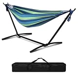 LEADZM Hängematte mit Gestell, Gestell aus Metall, bis 250 kg belastbar, 305x109x104 cm, auf 6 Verschiedene Höhen verstellbar (Blau-grün)