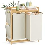 SONGMICS Wäschekorb 2 Fächer, Bambus, Wäschesammler 100 L, Wäschesortierer, mit Ablage, Wäschesack, kleine seitliche Taschen, Wäscheregal, 2 x 50 L, 63 x 33 x 78 cm, cremeweiß RLH100W01