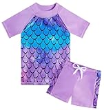 Fanient Badeanzug Mädchen Kurzarm und Shorts Zweiteiliger Badeanzug Lila Swimsuit Bademode für Mädchen 9-10 Jahre