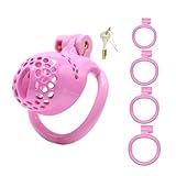 Keuschheitskäfig Herren mit Wabenförmigen Belüftungslöchern und Großer Urinöffnung Peniskäfig Keuschheitsgürtel Set mit 4 Cockringe CB Resin Sexspielzeug für Erwachsener Mann (Pink,M)