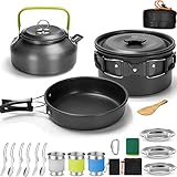 Camping Geschirr Set AUHOU Kochgeschirr Kochset Töpfen Aluminium mit Teekessel und 3 Sätze Faltbare Edelstahl Besteck Campingtöpfe für 3 Personen Outdoor Kochen