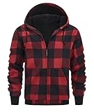 geeksport Fleecejacke Herren Sweatjacke Männer mit Kapuze Warme Kapuzenjacke Gefüttert Winterjacke Kariertes Hoodie mit ReißVerschluss, 0569-Rot L