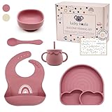 Lucky Koala® Regenbogen Silikon Baby Geschirrset mit Saugnapf I Teller, Schüssel, Lätzchen, Löffel, Becher I Lebensmittelqualität Silikon I Baby Erstausstattung Geschenk I BPA-frei (Dark Pink+Becher)