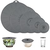 5PCS Silikon Deckel Wiederverwendbar BPA Frei Frischhaltedeckel 5 Größe Universal mit Saugeffekt Wasserdicht und Hitzebeständig, Geeignet für Schüsseln, Töpfe, Teller, Tassen, Öfen, Kühlschränke(Grau)
