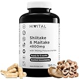 Shiitake und Maitake 4800 mg. 180 vegane Kapseln für eine 3-monatige Behandlung. 30% Polysaccharide. Mischung aus natürlichen Extrakten von Shitake und Maitake. Hergestellt von HIVITAL