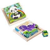 FIHODONE 2 Stück Puzzle Kinderspielzeug, Holzpuzzle 16 Würfelpuzzle Holzspielzeug Spiele, Spielzeug Lernspielzeug, Holzpuzzle Kinder Spielzeug Memory, Kinderpuzzle Spielsachen mit 6 Wildtier-Motiven